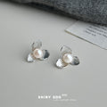 Silver Tone Ridged Three Petal Flower And White Pearl Stud Earrings view 1