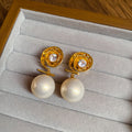 Gold Round Crystal Stud Earrings with White Pearl Drops view 6