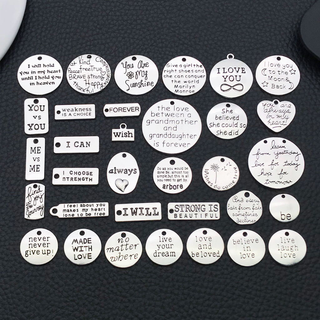 Antique Silver Iron Inspirational English Word Plate Charm Pendant for DIY Necklace Keychain