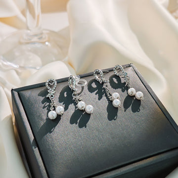 Rhinestone Bow Pearl Chain Drop Earrings Clip Or Stud