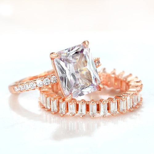 Rose Gold Tone Rectangular Stone and Baguette Band Ring Set shown in alternate angle