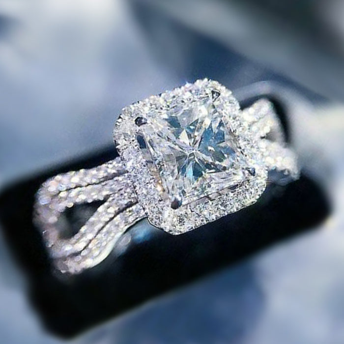 Silver Tone Square Stone Split Shank Halo Ring Polished Metal Jewelry