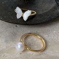 Gold Tone Mother of Pearl Butterfly Open Adjustable Ring view 2