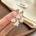 Pink Blue and Clear Double Heart Crystal Look Hoop Earrings view 4