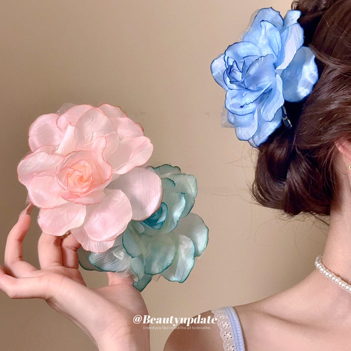 Green Red Pink Or Blue Edged Sheer Rose Duckbill Hair Clip