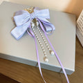 Satin Bow Hair Claw With Pearl Like Fringe In Blue White Or Lavender view 7