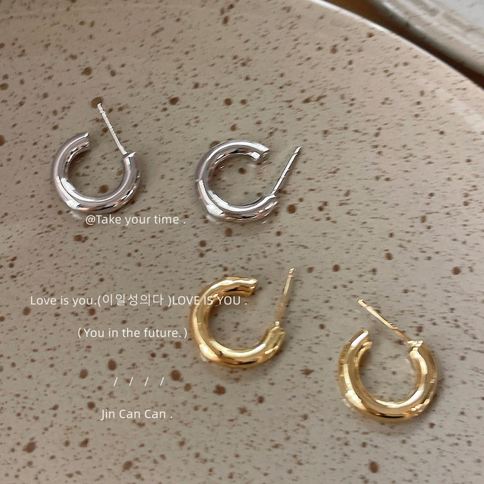 Thick Smooth C Shape Hoop Stud Earrings Gold Silver