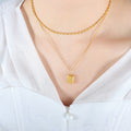 Gold Double Layer Necklace Bead Chain Square Crystal Pendant view 6