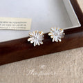 White Enamel Daisy Flower Pearl Stud Earrings Gold Edge view 4