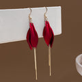 Red Petal Flower and Gold Bar Tassel Long Hook Earrings view 6