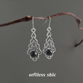 Antique Silver Filigree Black Cabochon Drop Hook Earrings view 1
