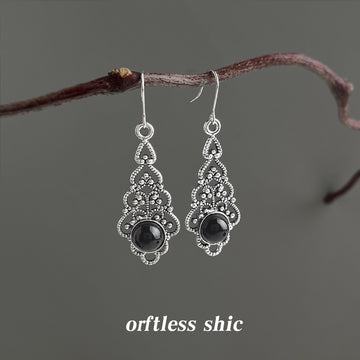 Antique Silver Filigree Black Cabochon Drop Hook Earrings