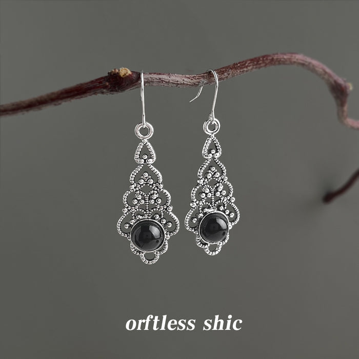 Antique Silver Filigree Black Cabochon Drop Hook Earrings