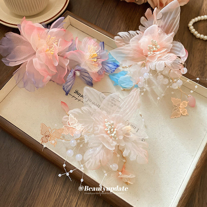 Pink Purple Sheer Flower Hair Clip With Pearl Sprigs And Butterfly Tassel