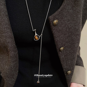 Silver Tone Chain Necklace with Brown Vase Pendant