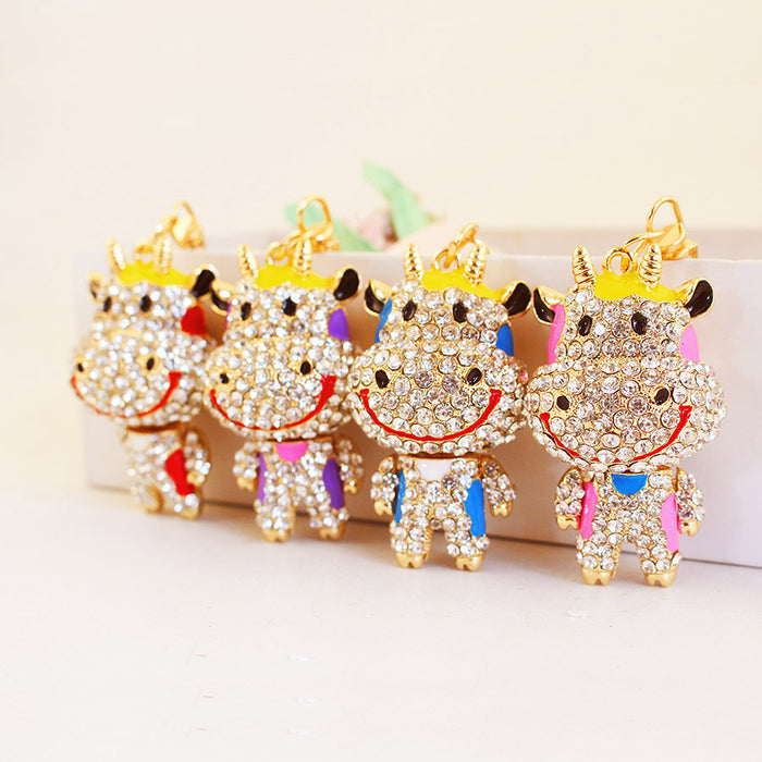 Clear Stone Cow Keychain With Gold-Tone Metal And Color Accents