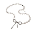 White Pearl Strand Necklace with Silver Tone Bow Center view 5