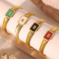 Gold Titanium Steel Herringbone Necklace Bracelet Square Glass view 4
