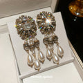 Rectangular Crystal and Pearl Chandelier Stud Earrings view 2