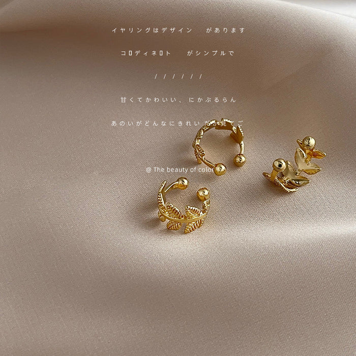 Gold Textured Leaf Branch Ear Cuff Clip No Piercing
