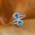 Silver Tone Blue Double Heart Crystal Open Ring view 4