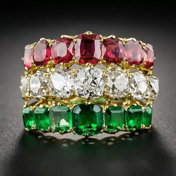 Gold-Tone Three-Row Red Clear Green Square Stone Ring Sizes 6-10