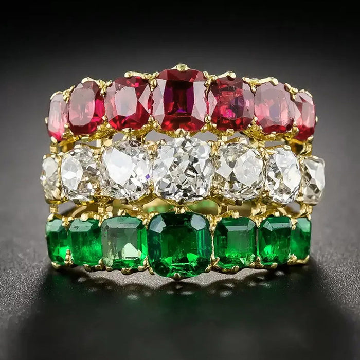 Gold-Tone Three-Row Red Clear Green Square Stone Ring Sizes 6-10