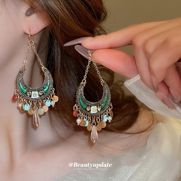 Multicolor Crescent Beaded Bohemian Statement Hook Earrings