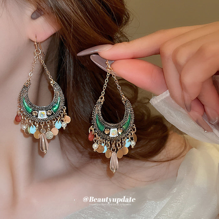 Multicolor Crescent Beaded Bohemian Statement Hook Earrings