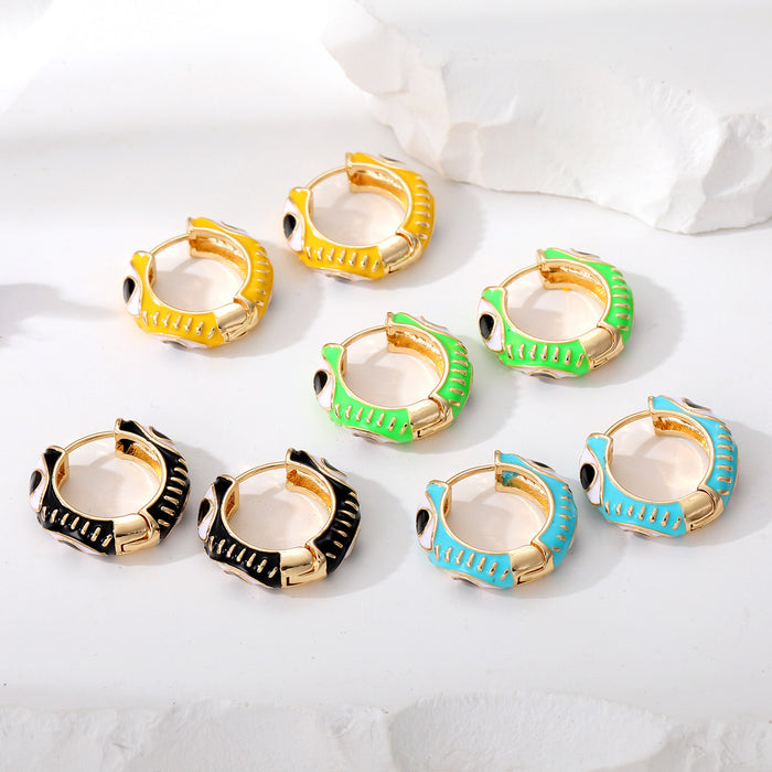 Gold Tone Enamel Lash Evil Eye Huggie Hoop Earrings