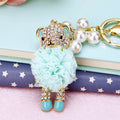 Fabric Flower Bear Keychains in Pink and Blue with Pom Pom Options view 2