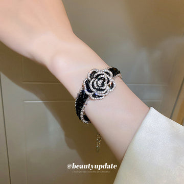 Black Crystal Camellia Flower Bracelet With Crystal Flower Center