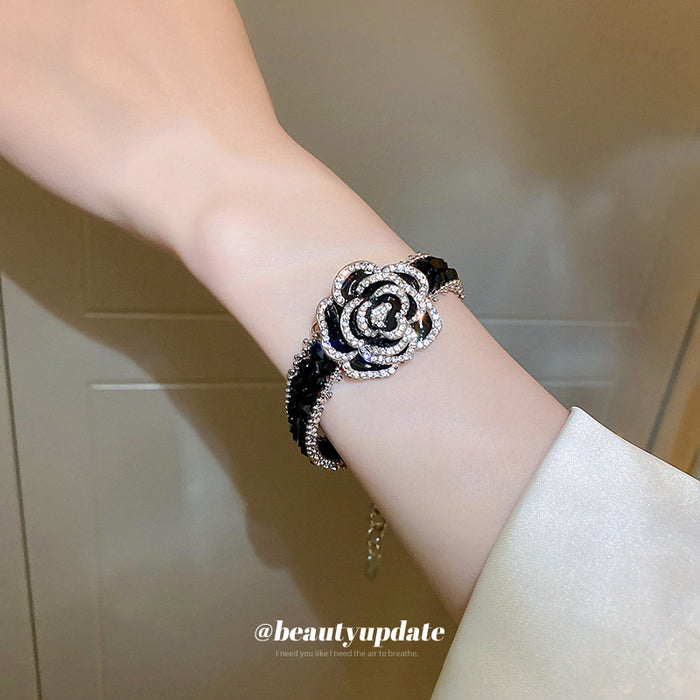 Black Crystal Camellia Flower Bracelet With Crystal Flower Center