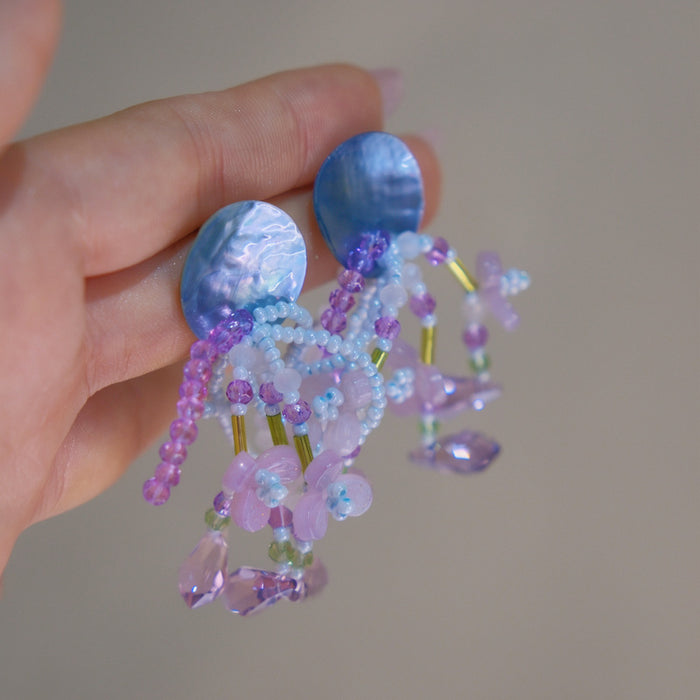 Blue Purple Disc Beaded Tassel Earrings Statement Jewelry