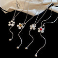 Silver Tone Flower Lariat Necklace With Pearl Accents view 4