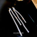 Silver Tone Triple Crystal Chain Fringe Earrings with Polished Metal Accents view 3
