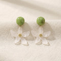 Green Round Top White Double Flower Dangle Earrings view 3