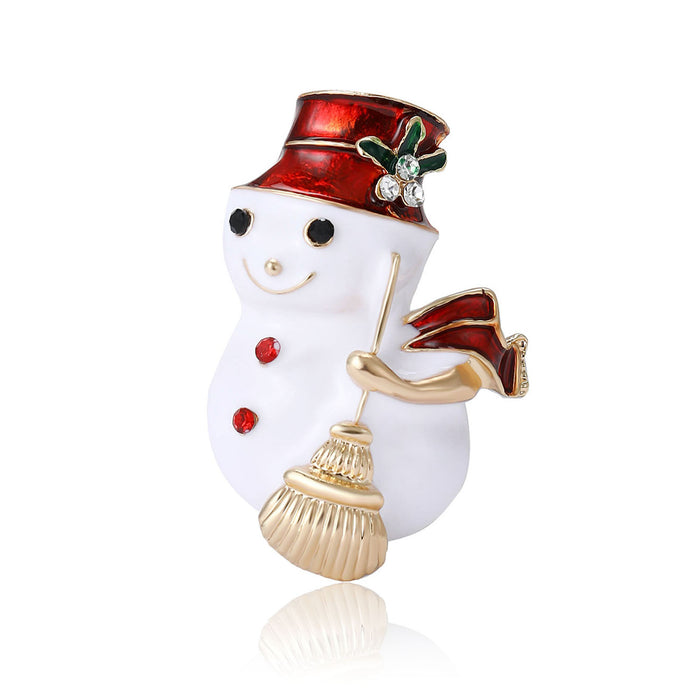 White Enamel Christmas Snowman Brooch Red Hat Gold Broom