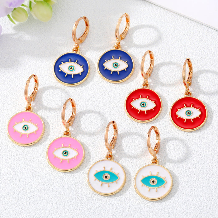 Gold Tone Round Colorful Enamel Lash Evil Eye Huggie Earrings