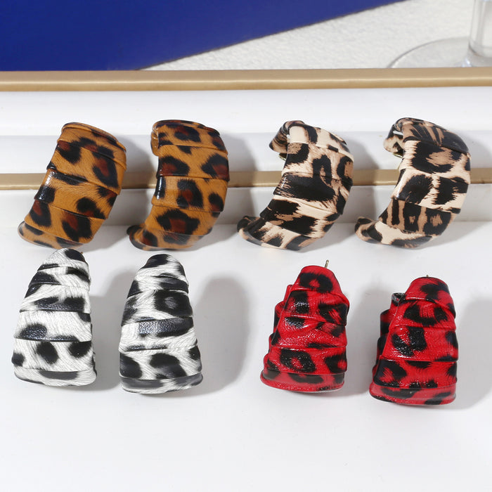 Black White Red and Leopard Fabric Wrapped Wide C Hoop Earrings