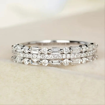 Three-Row Round And Baguette Stone Band In Three Metal Tones