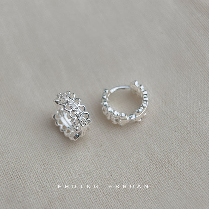 Silver Scalloped Lace Edge CZ Huggie Hoop Earrings