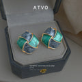 Green Gray Marbled Geometric Enamel Square Stud Earrings view 1