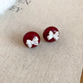 Burgundy Round Stud Earrings With White Bow Accents view 6