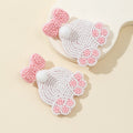 Pink Bow Stud White Seed Bead Rabbit Paw Drop Earrings view 4