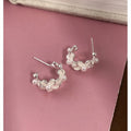 White Flower Faux Pearl Beaded C Shape Stud Earrings view 6