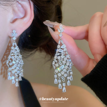 Silver Tone Crystal Teardrop Fringe Chandelier Earrings