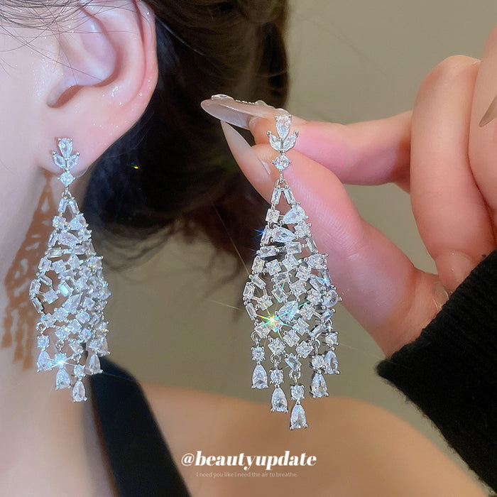 Silver Tone Crystal Teardrop Fringe Chandelier Earrings