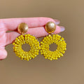 Beaded Circle Drop Earrings in Yellow White and Green view 1