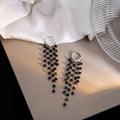 Black Crystal Tassel Huggie Earrings Silver Multi Strand view 3